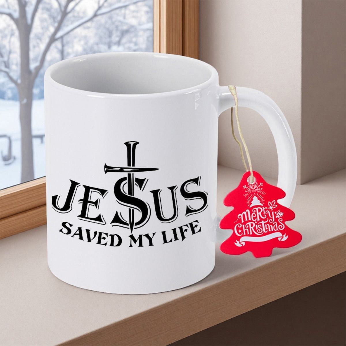 Tailorly White Ceramic 11 oz Mug - Jesus Saved My Life Rustic Metal Nail Texture Combined With Sacred Religious Symbol Cross