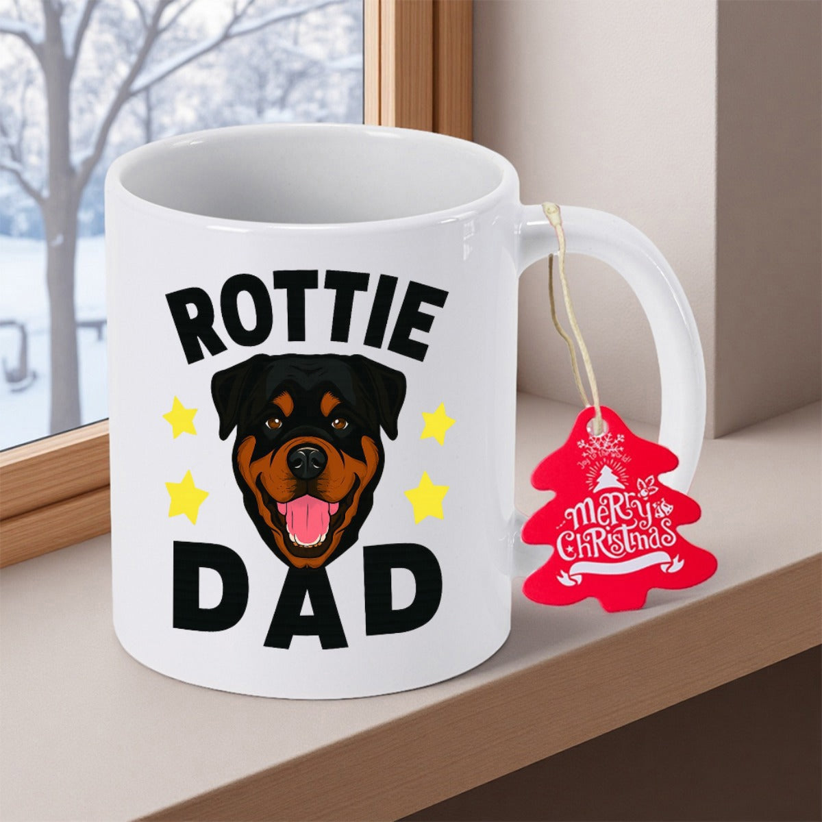 Tailorly White Ceramic 11 oz Mug - Rottie Dad Smiling Rottweiler Face With Bright Yellow Stars And Expressive Features Dog