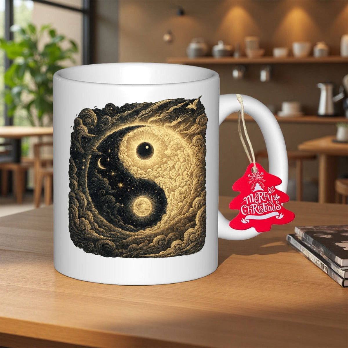 Tailorly White Ceramic 11 oz Mug - Merry Christmas Detailed Celestial Harmony With Sun And Moon Among Swirling Stars And Clouds Yin Yang