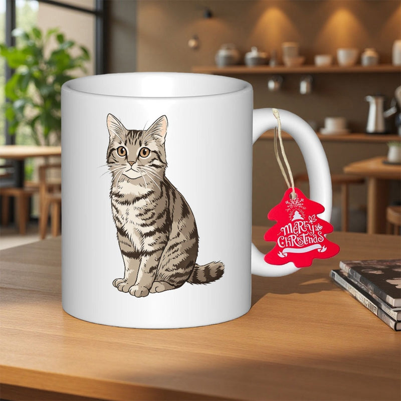 Tailorly White Ceramic 11 oz Mug - Merry Christmas Tabby Feline Sitting Gracefully With Detailed Striped Fur Texture Cat