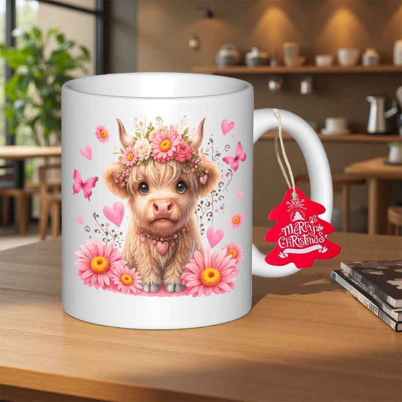 Tailorly White Ceramic 11 oz Mug - Merry Christmas Adorable Fluffy Baby Calf Wearing Pink Floral Crown Among Blooming Spring Flowers Cow