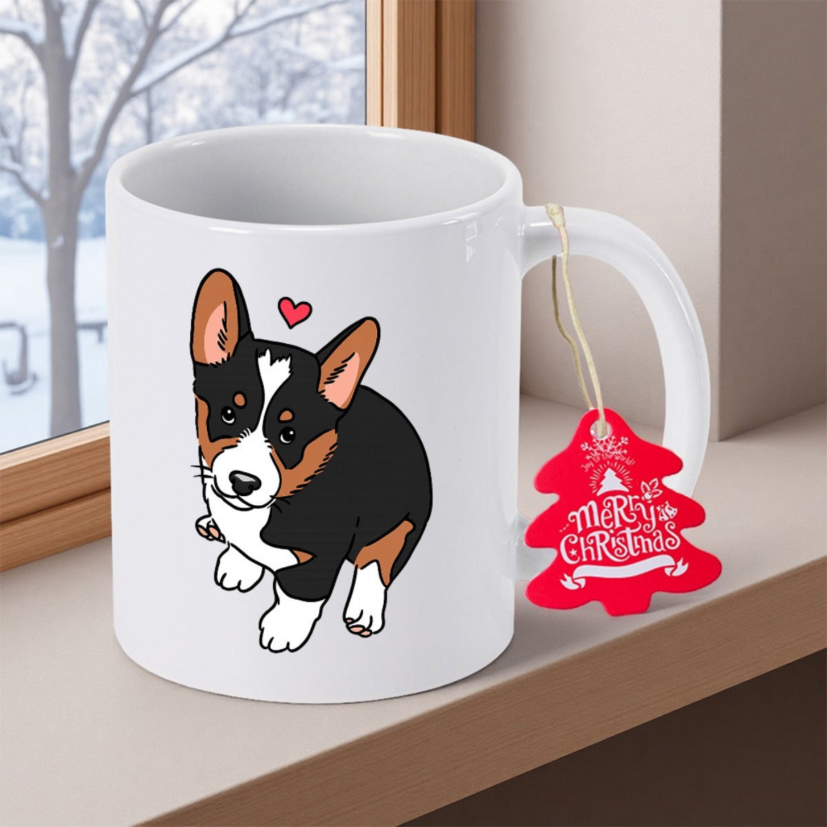 Tailorly White Ceramic 11 oz Mug - Merry Christmas Adorable Tricolor Puppy Sitting In Front Of Snowy Winter Window Corgi