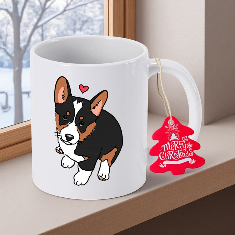 Tailorly White Ceramic 11 oz Mug - Merry Christmas Adorable Tricolor Puppy Sitting In Front Of Snowy Winter Window Corgi