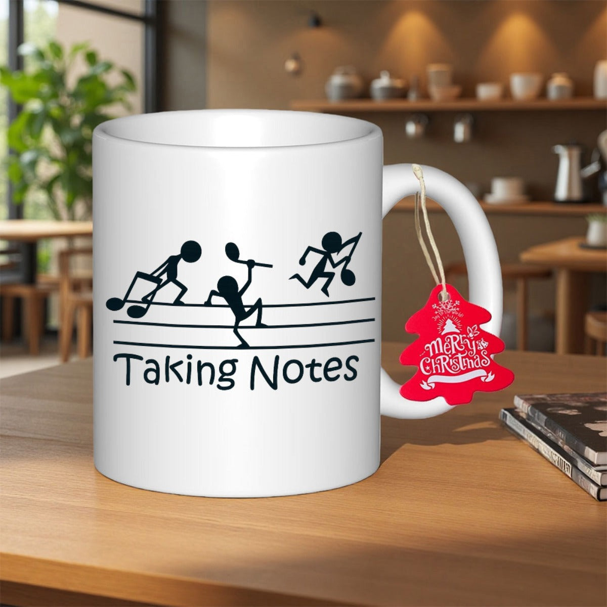 Tailorly White Ceramic 11 oz Mug - Taking Notes Stick Figures Carrying Musical Notes Across A Rhythmic Staff Line Musical Note