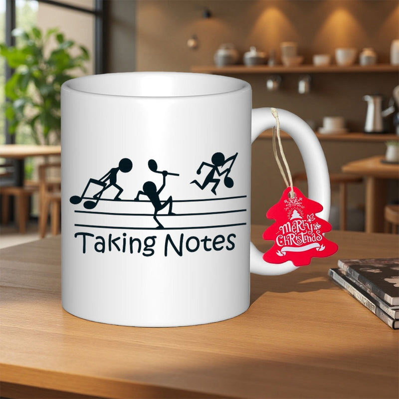Tailorly White Ceramic 11 oz Mug - Taking Notes Stick Figures Carrying Musical Notes Across A Rhythmic Staff Line Musical Note