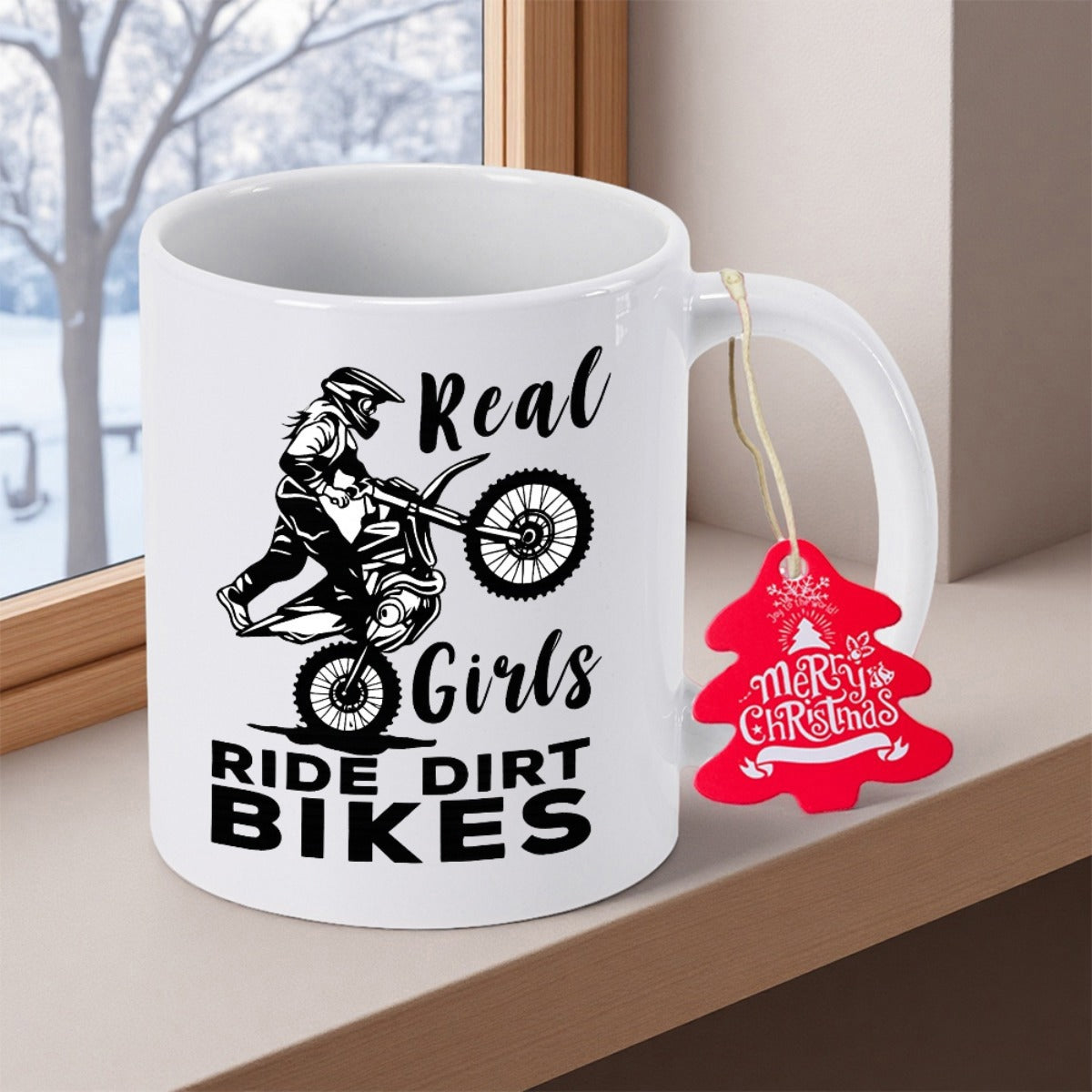 Tailorly White Ceramic 11 oz Mug - Real Girls Ride Dirt Bikes Dynamic Silhouette Of A Brave Stunt Performer Performing An Exciting Motocross Rider