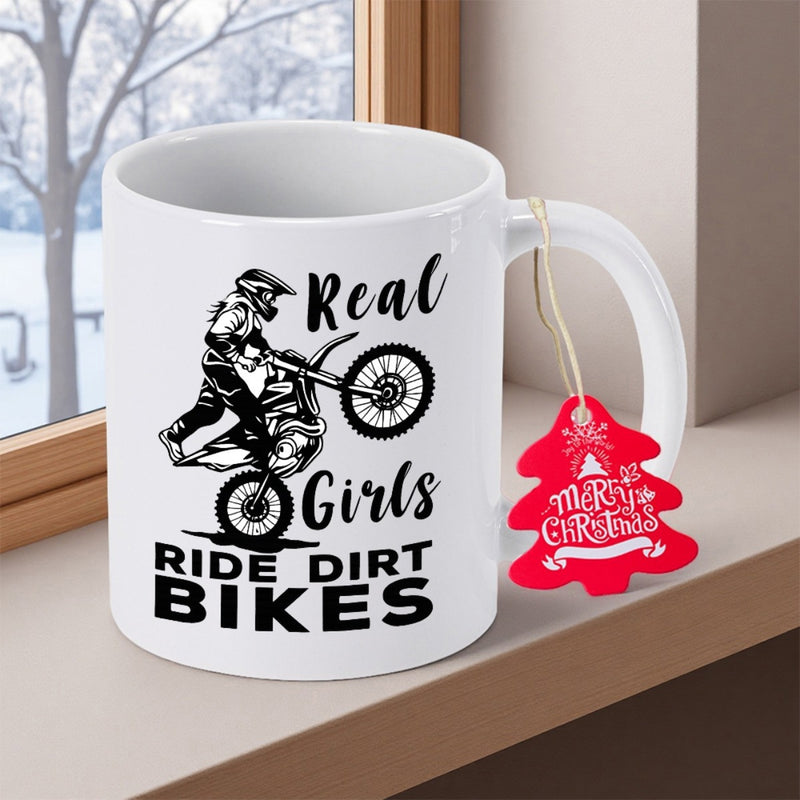 Tailorly White Ceramic 11 oz Mug - Real Girls Ride Dirt Bikes Dynamic Silhouette Of A Brave Stunt Performer Performing An Exciting Motocross Rider