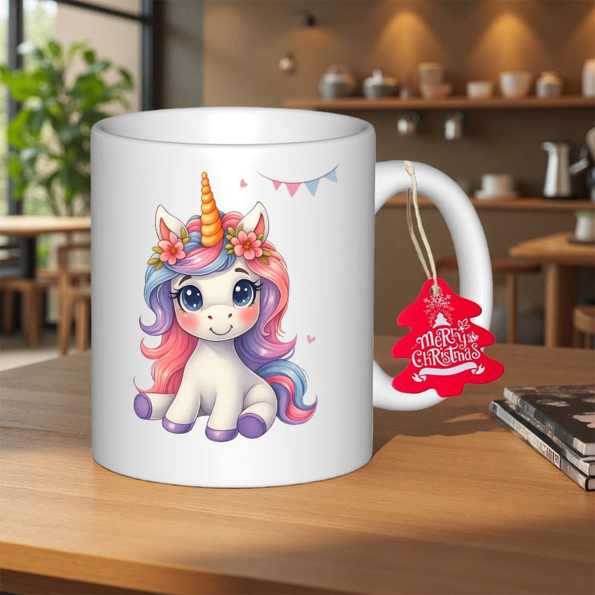 Tailorly White Ceramic 11 oz Mug - Merry Christmas Magical Mythical Creature With Rainbow Mane And Golden Horn Sitting Gracefully Unicorn
