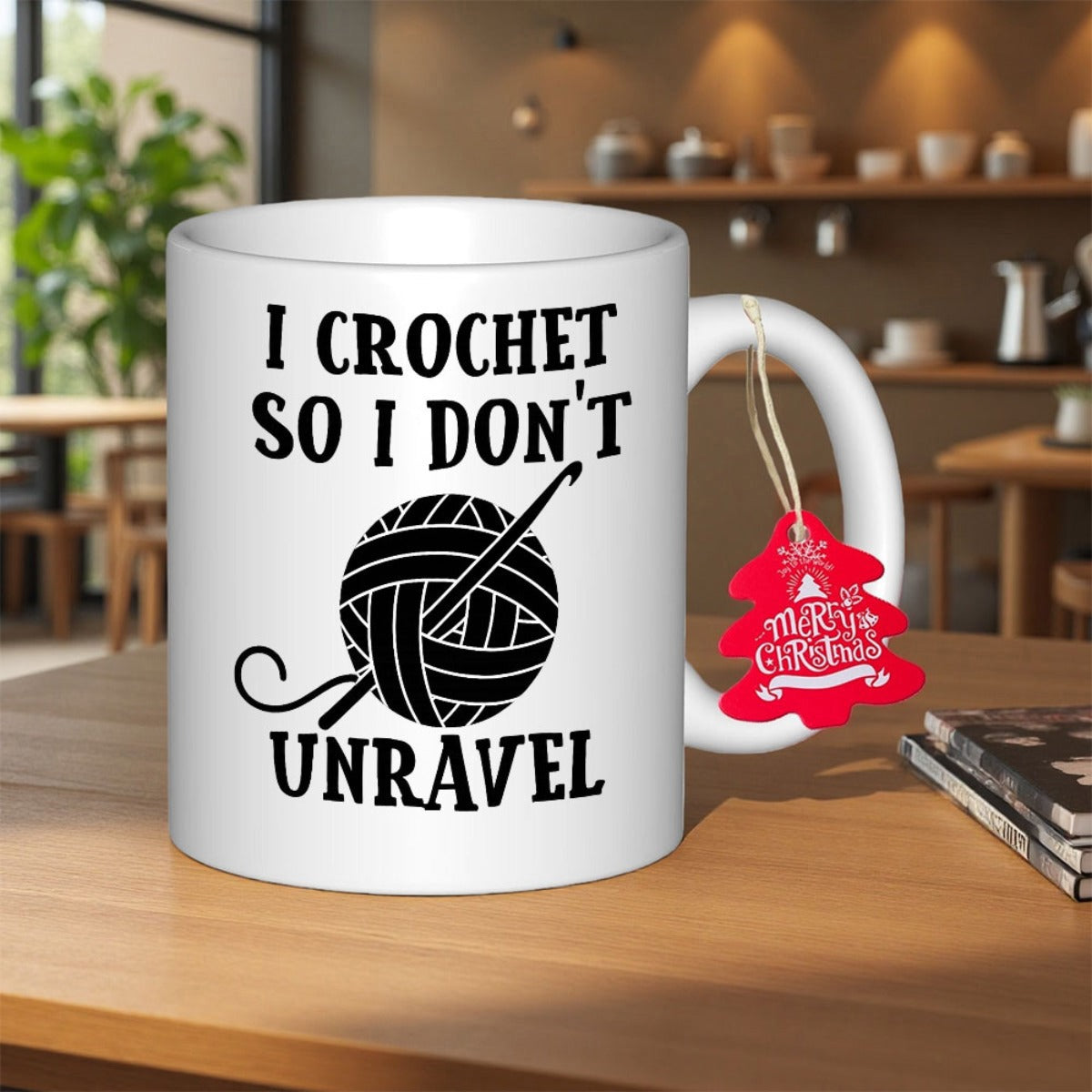 Tailorly White Ceramic 11 oz Mug - I Crochet So I Don't Unravel Black Ink Hand Crafted Skein With Hook Sitting Centered Yarn