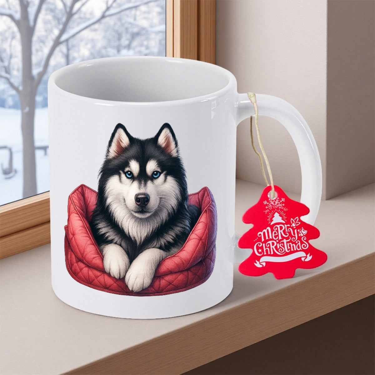 Tailorly White Ceramic 11 oz Mug - Merry Christmas Adorable Siberian Husky Resting Inside A Cozy Red Quilted Pet Bed Husky