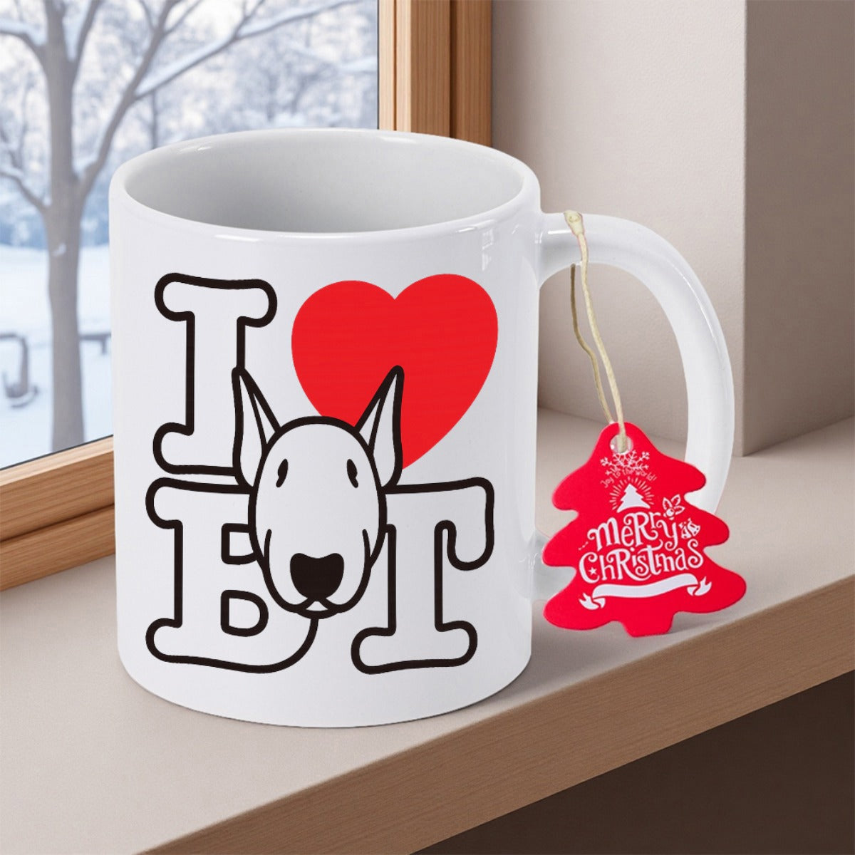 Tailorly White Ceramic 11 oz Mug - I BT Merry Christmas Adorable Bull Terrier Head With Large Red Heart And Decorative Christmas Tag Dog