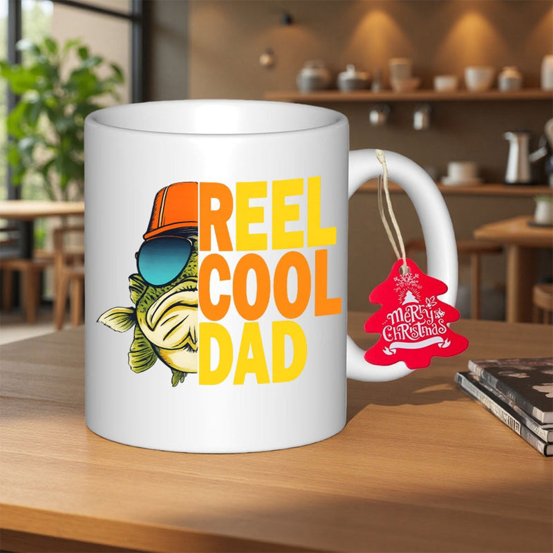 Tailorly White Ceramic 11 oz Mug - Reel Cool Dad Stylized Green Bass Wearing Sunglasses And Orange Hat Cut In Half Fish