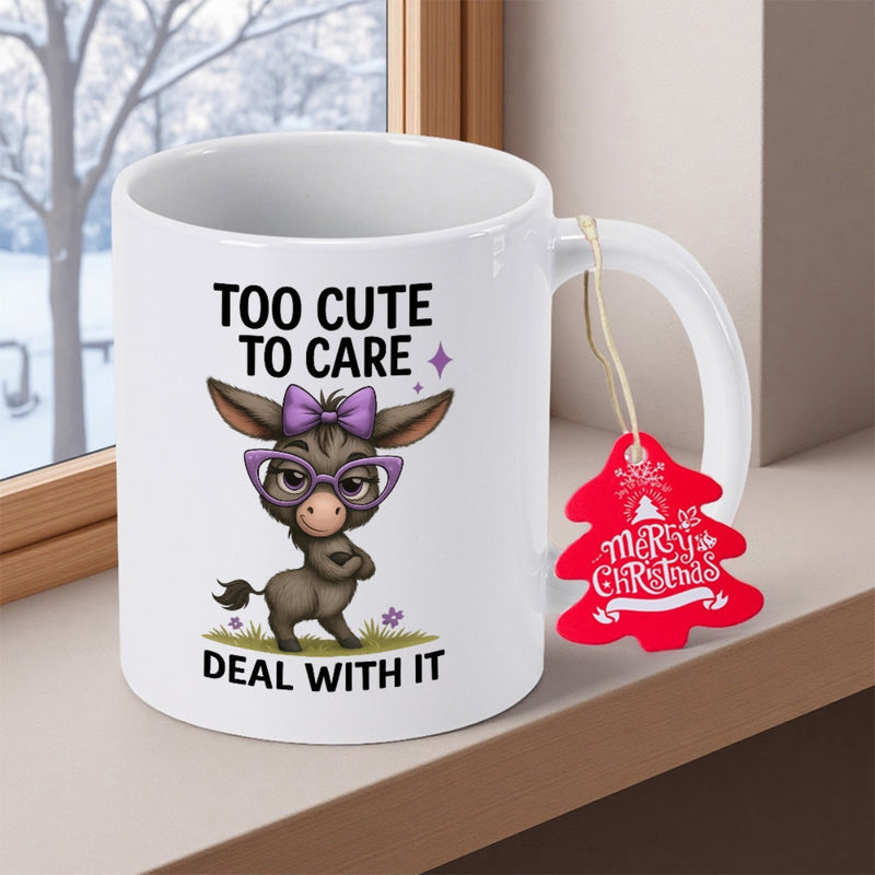 Tailorly White Ceramic 11 oz Mug - Too Cute To Care Deal With It Adorable Cartoon Donkey Wearing Purple Glasses And A Bow Standing On Grass Donkey