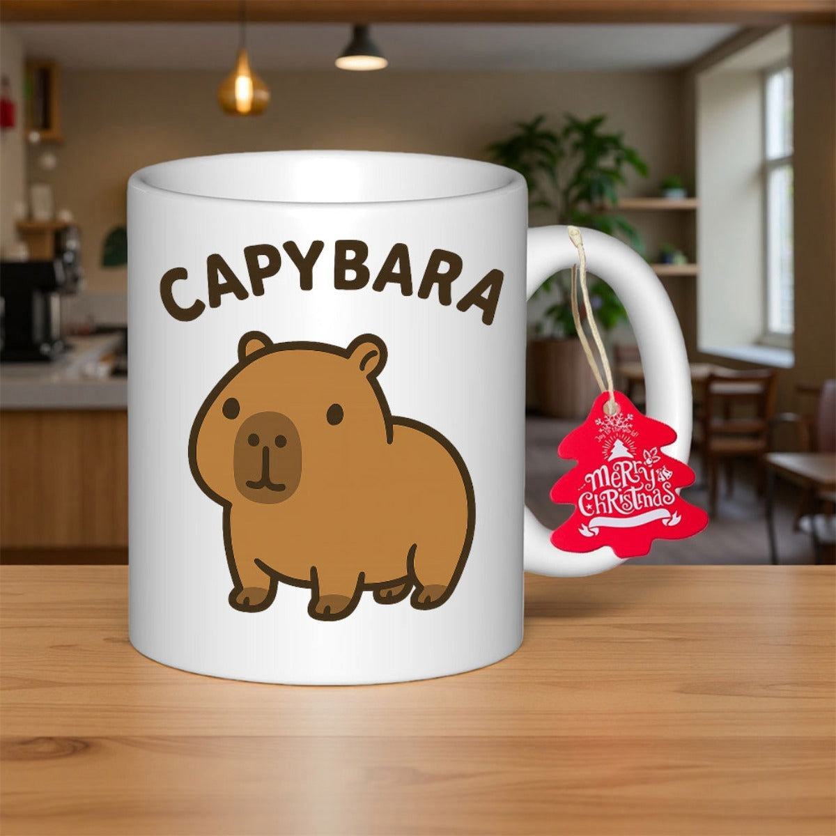 Tailorly White Ceramic 11 oz Mug - Capybara Merry Christmas Adorable Cartoon Brown Animal Standing Calmly On Smooth White Surface Capybara