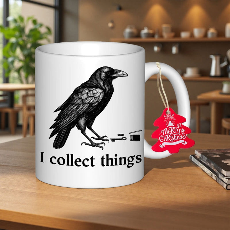 Tailorly White Ceramic 11 oz Mug - I Collect Things Detailed Monochrome Avian Illustration Standing Over Scattered Tiny Key Items Raven