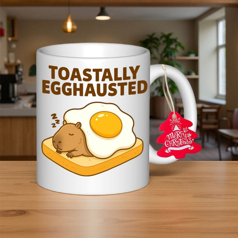 Tailorly White Ceramic 11 oz Mug - Toastally Egghausted Cute Cartoon Animal Peacefully Sleeping On Warm Toast Under Egg Capybara