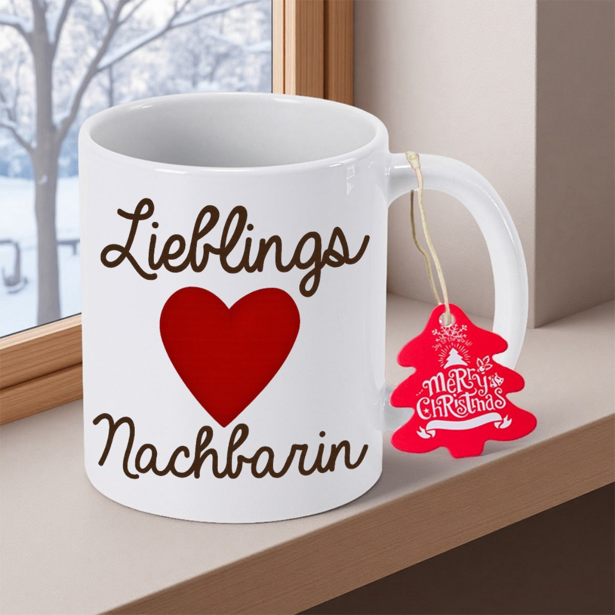 Tailorly White Ceramic 11 oz Mug - Merry Christmas Minimalist Solid Red Heart Centered On Smooth Porcelain Heart