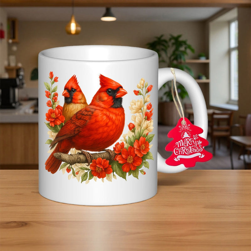 Tailorly White Ceramic 11 oz Mug - Merry Christmas Vibrant Red Pair Resting On Flowering Branch Among Warm Autumn Blossoms Cardinal