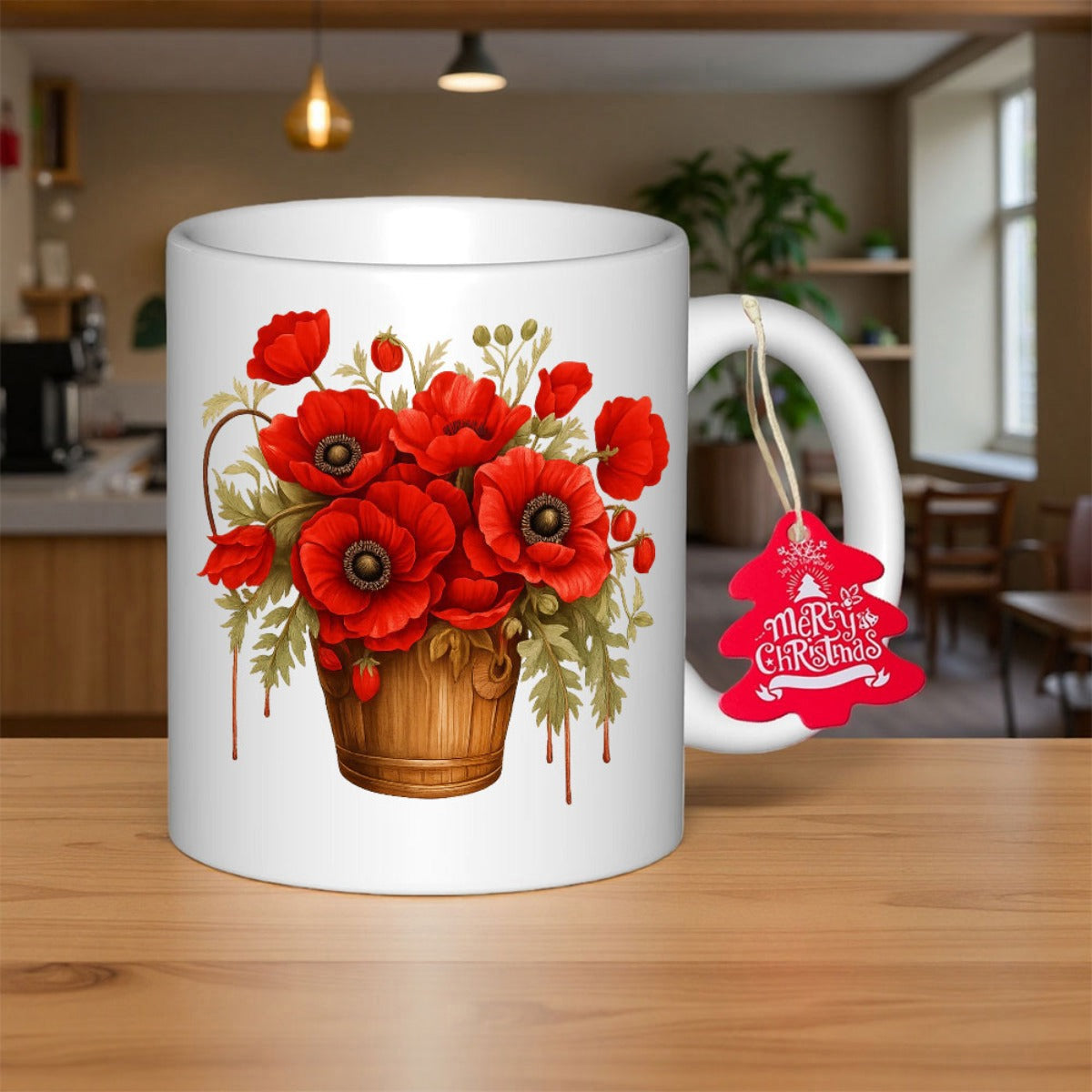 Tailorly White Ceramic 11 oz Mug - Merry Christmas Vibrant Red Poppies Blooming Elegantly Inside A Rustic Wooden Bucket Flower