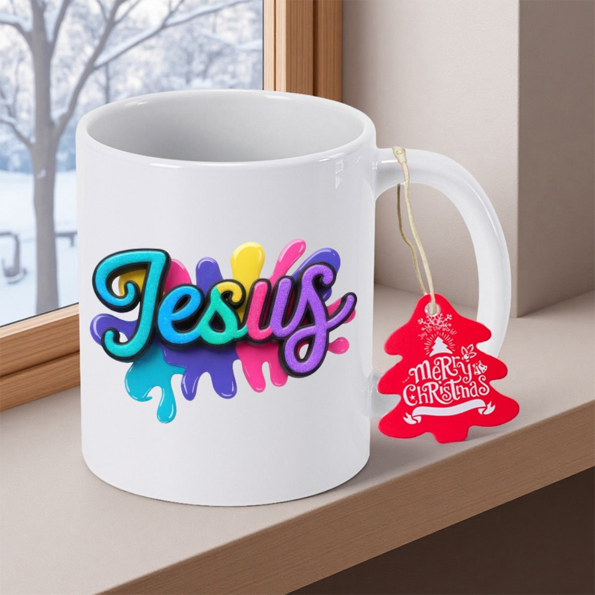 Tailorly White Ceramic 11 oz Mug - Jesus Merry Christmas Vibrant Colorful Dripping Paint Splashes Behind Stylized Hand Written Script Jesus