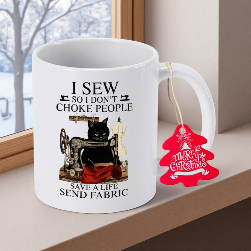 Tailorly White Ceramic 11 oz Mug - I Sew So I Don't Choke People Save A Life Send Fabric Black Cat At Vintage Sewing Machine Surrounded By Vibrant Red Fabric Cat