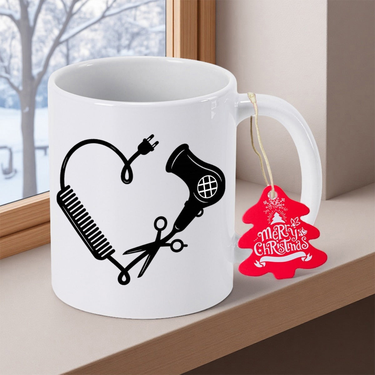 Tailorly White Ceramic 11 oz Mug - Stylized Hairdresser Tools Forming A Heart Shape With Scissors And Comb Heart