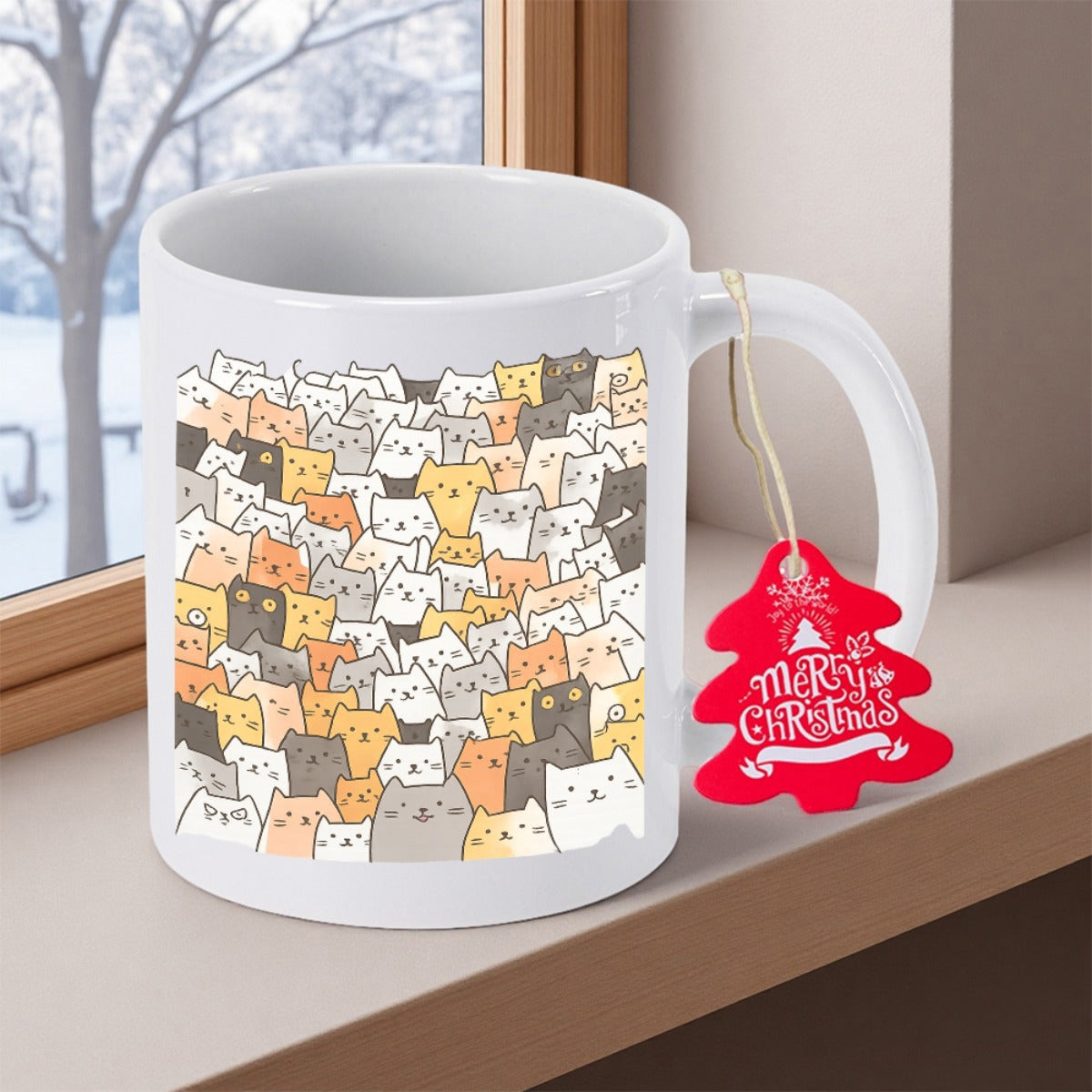 Tailorly White Ceramic 11 oz Mug - Merry Christmas Adorable Hand Drawn Doodle Heads Crowded In A Cozy Pattern Cat