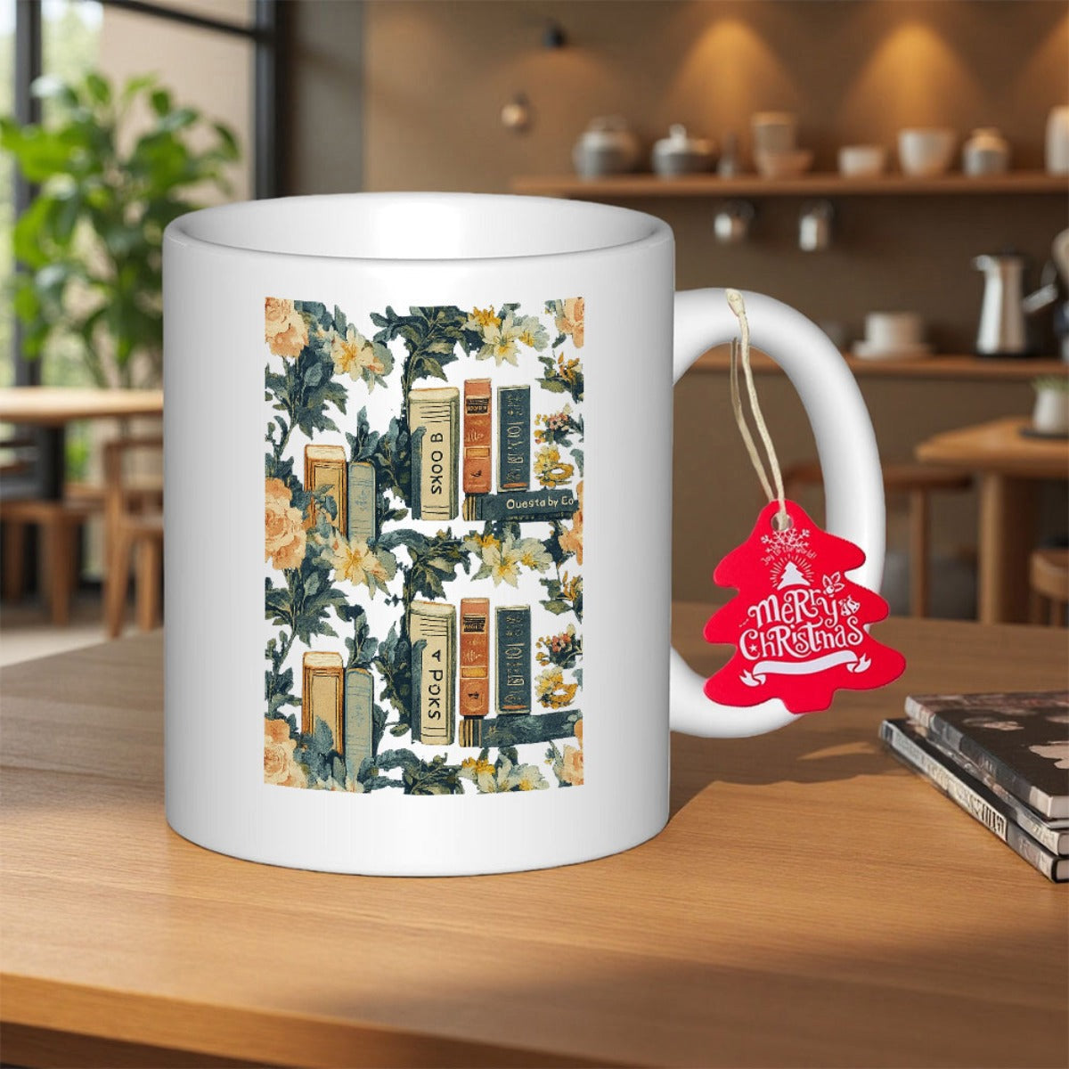 Tailorly White Ceramic 11 oz Mug - Merry Christmas Vintage Hardcover Books Surrounded By Detailed Yellow Roses And Lush Leaves Books
