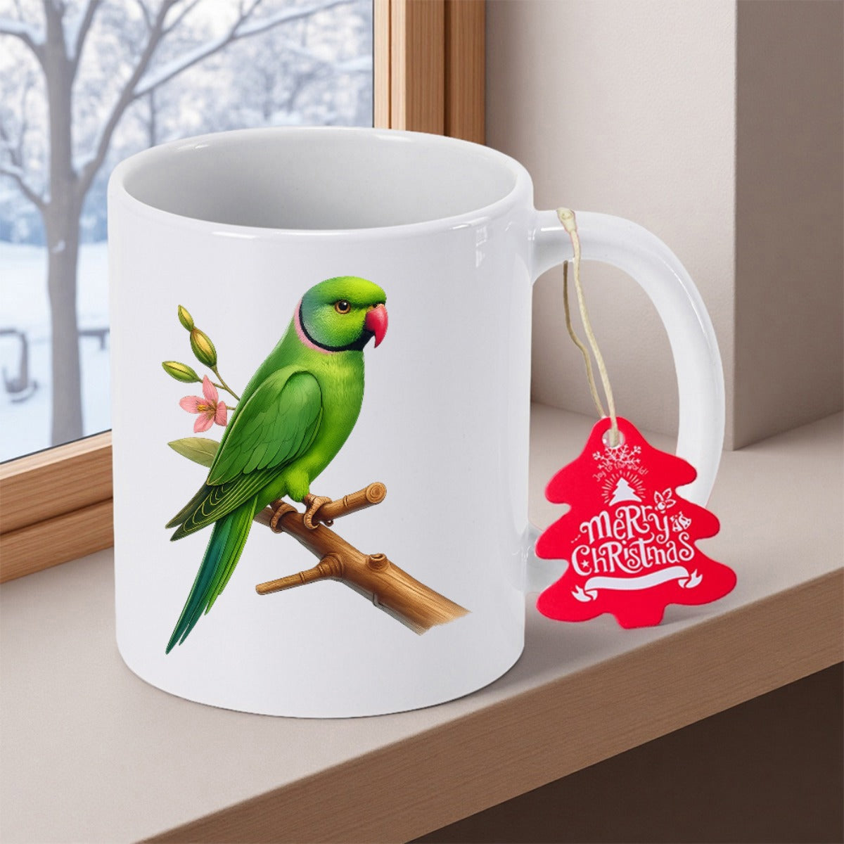 Tailorly White Ceramic 11 oz Mug - Merry Christmas Vibrant Green Plumage Perched On Branch Among Delicate Small Pink Flowers Parrot