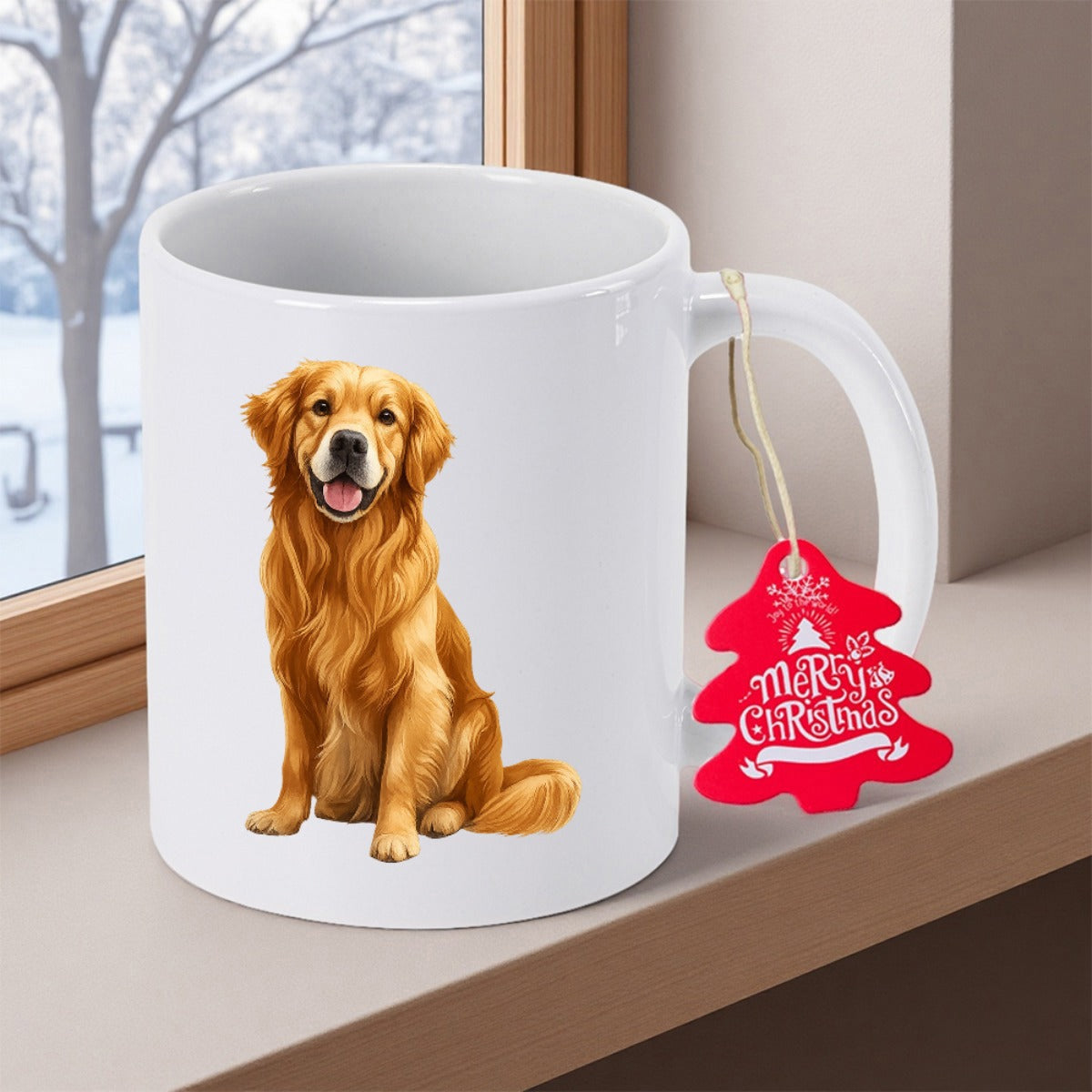 Tailorly White Ceramic 11 oz Mug - Merry Christmas Loyal Golden Retriever Sitting Peacefully Beside A Frosty Winter Window Golden Retriever