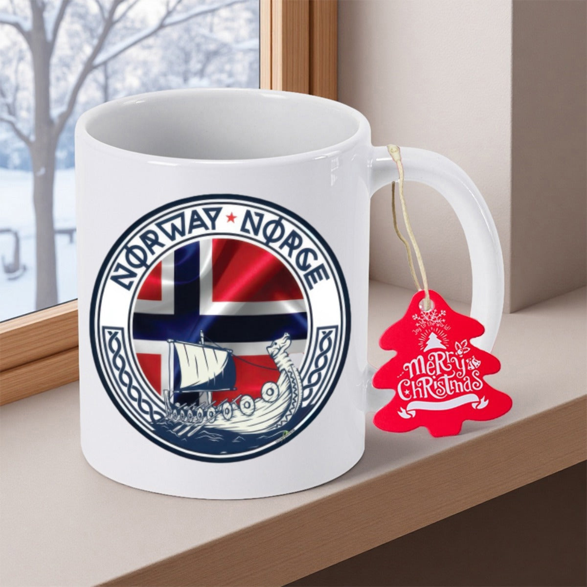 Tailorly White Ceramic 11 oz Mug - Norway Circular Emblem With National Flag And Traditional Sailing Viking Ship Mug