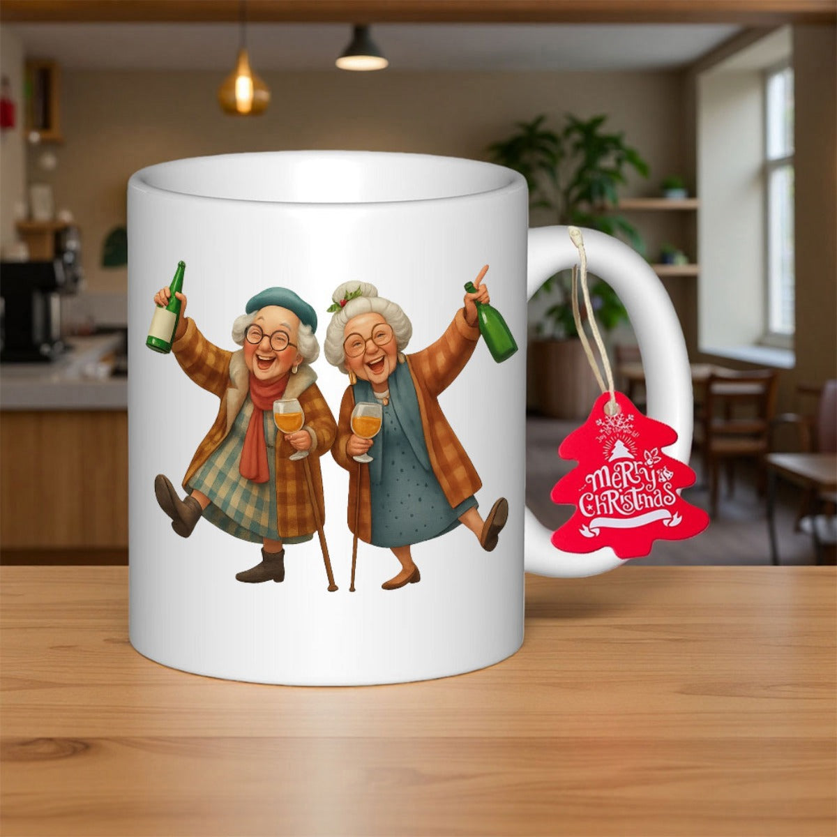Tailorly White Ceramic 11 oz Mug - Merry Christmas Joyful Elderly Women Celebrating With Wine Bottles Among Festive Winter Clothing Grandmothers