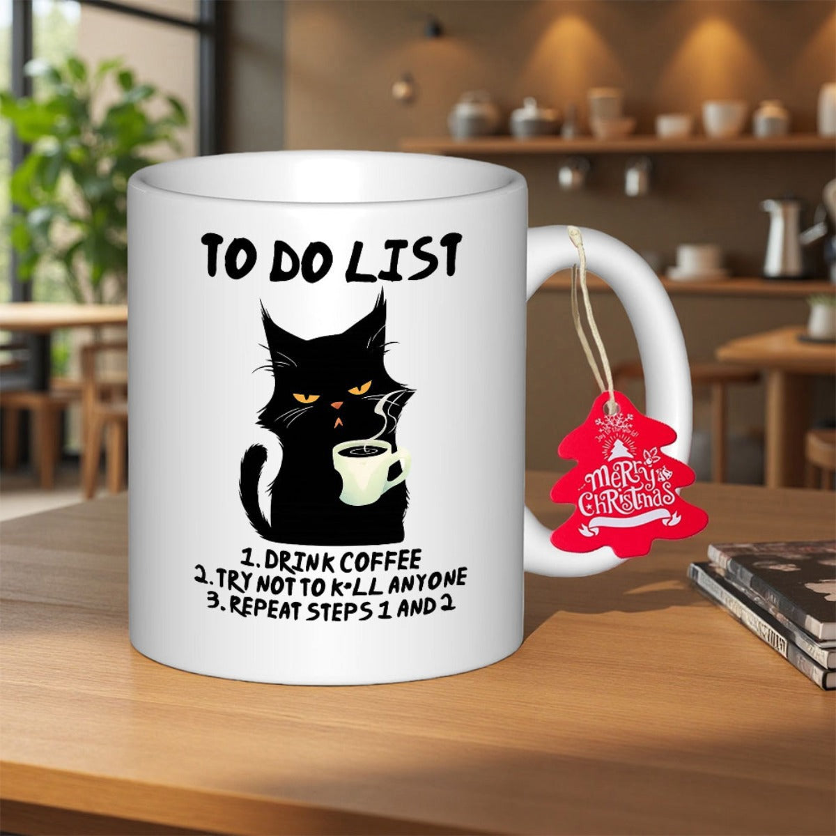 Tailorly White Ceramic 11 oz Mug - To Do List Drink Coffee Try Not To Kill Anyone Repeat Steps Grumpy Black Cartoon Feline Holding A Steaming Cup Of Hot Morning