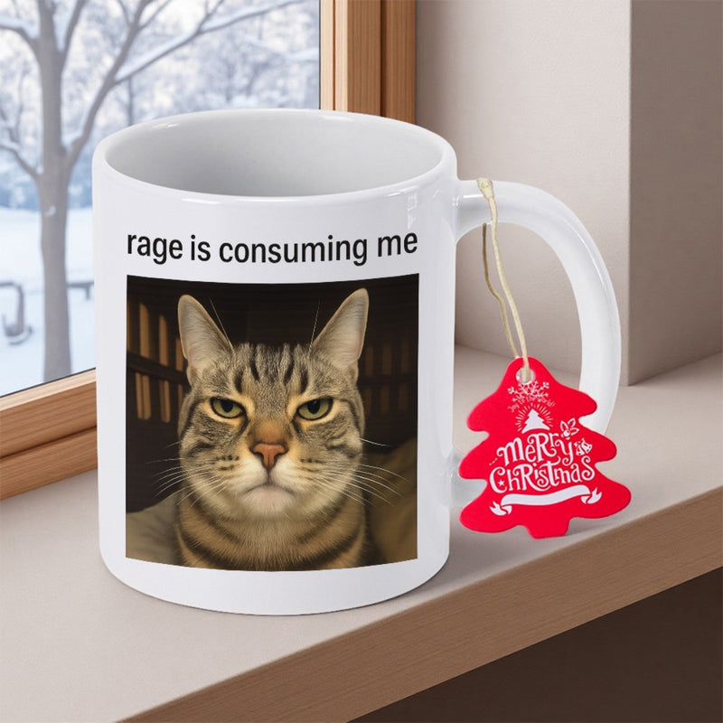 Tailorly White Ceramic 11 oz Mug - Rage Is Consuming Me Grumpy Brown Tabby Cat With Intense Stare And Stern Facial Expression Cat