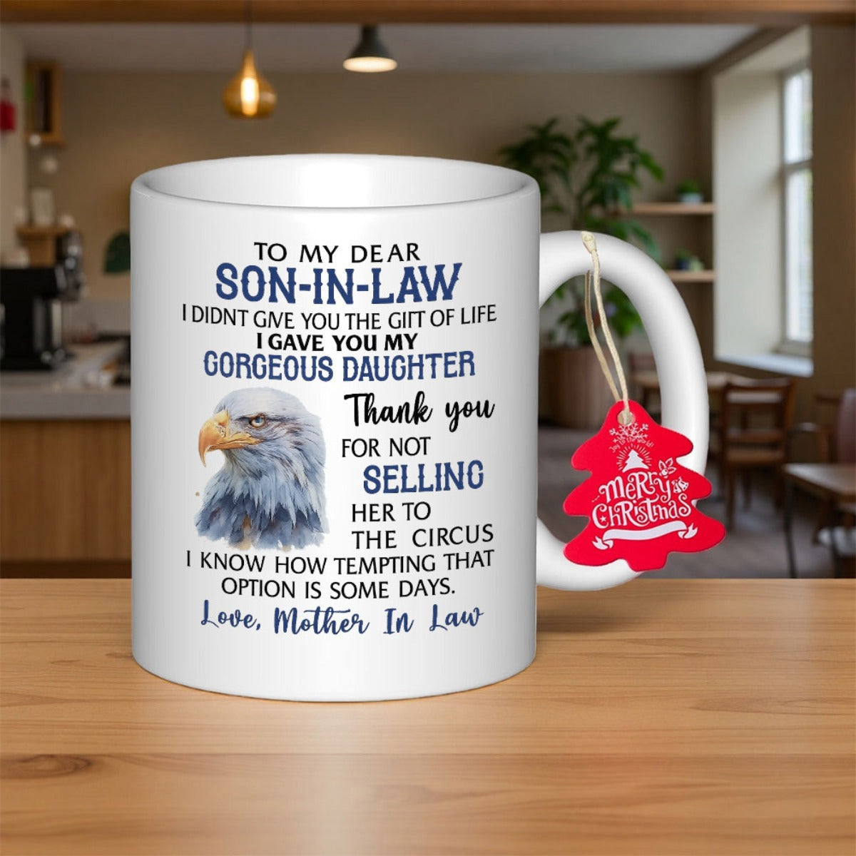 Tailorly White Ceramic 11 oz Mug - To My Dear Son In Law Noble Bald Eagle With Detailed Feathers In A Majestic Profile Eagle