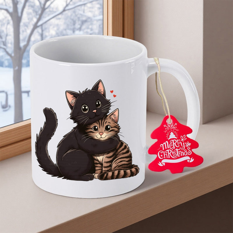 Tailorly White Ceramic 11 oz Mug - Merry Christmas Adorable Fluffy Black And Tabby Felines Sharing A Warm Hug Cats