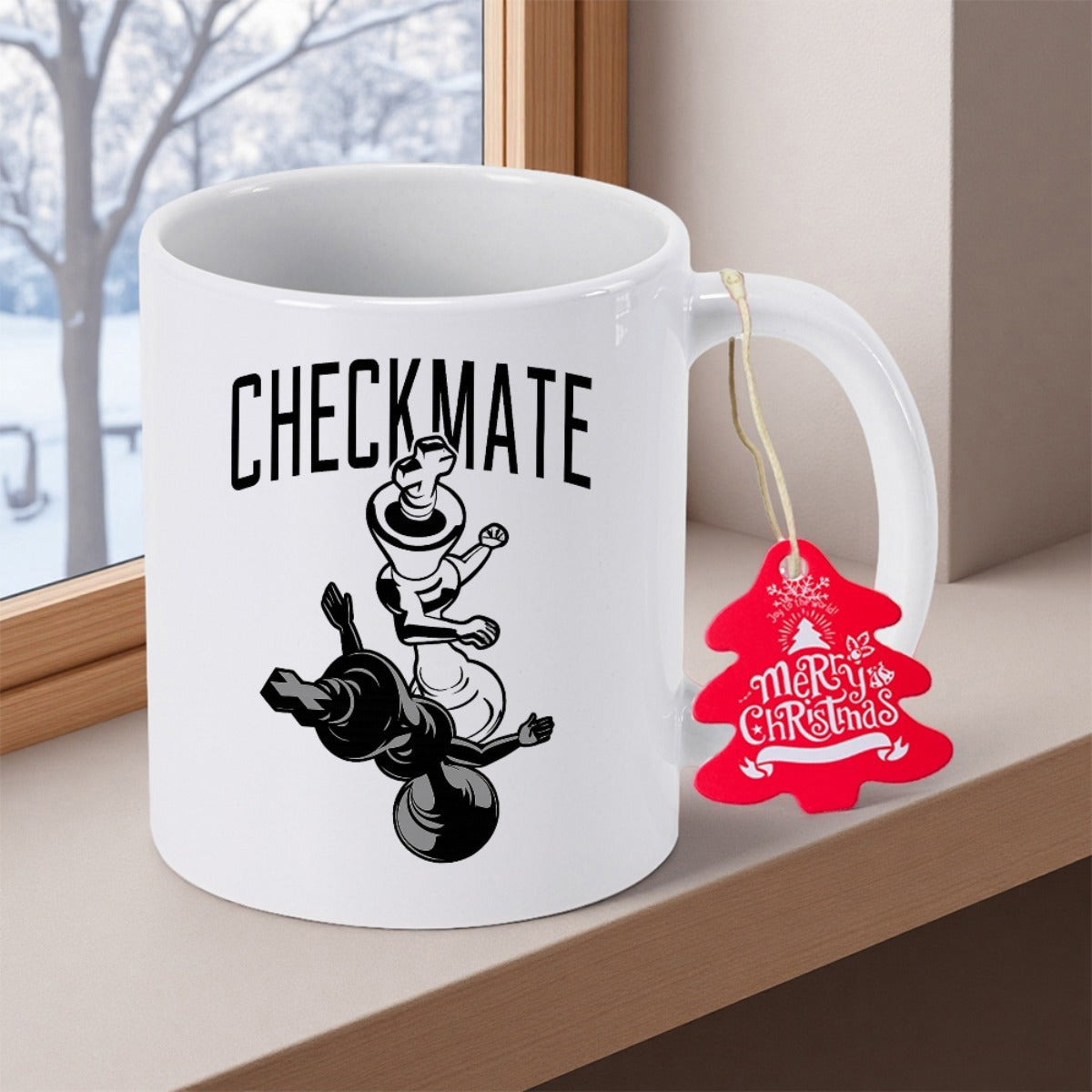 Tailorly White Ceramic 11 oz Mug - Checkmate Standing King Piece Over Fallen Knight In A Strategic Game Chess Set