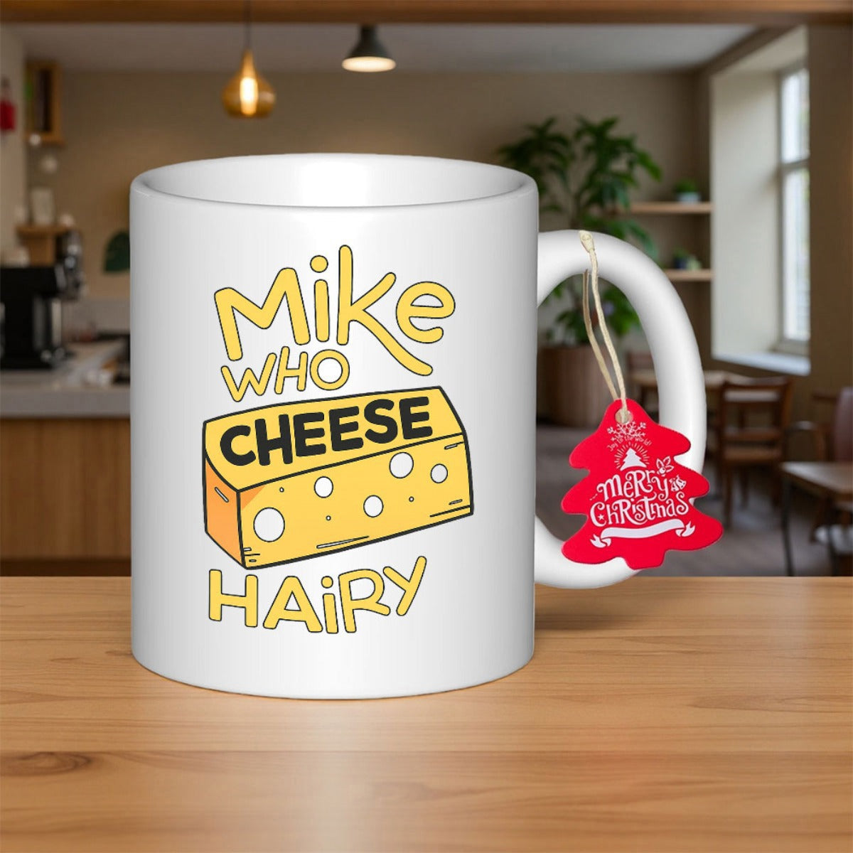Tailorly White Ceramic 11 oz Mug - Mike Who Cheese Hairy Vibrant Yellow Cartoon Swiss Block With Characterful Pitted Holes Cheese