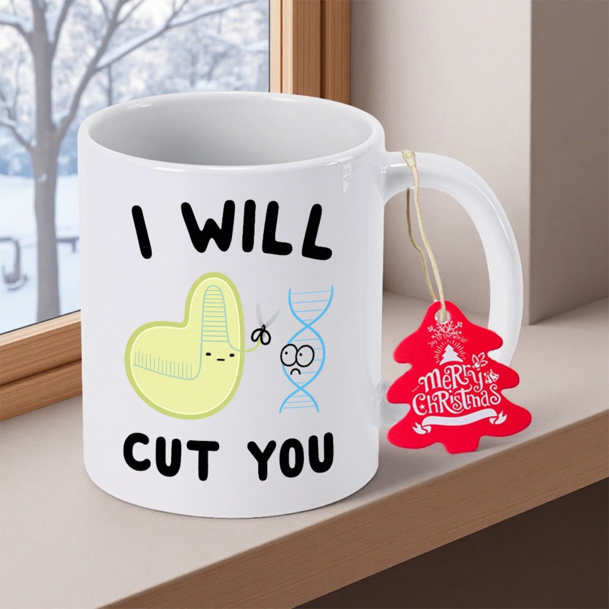 Tailorly White Ceramic 11 oz Mug - I Will Cut You Science Themed Cartoon Featuring Cas9 Tool Sniping A DNA Strand Design