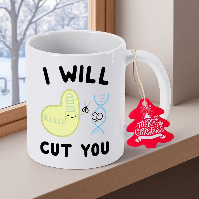 Tailorly White Ceramic 11 oz Mug - I Will Cut You Science Themed Cartoon Featuring Cas9 Tool Sniping A DNA Strand Design