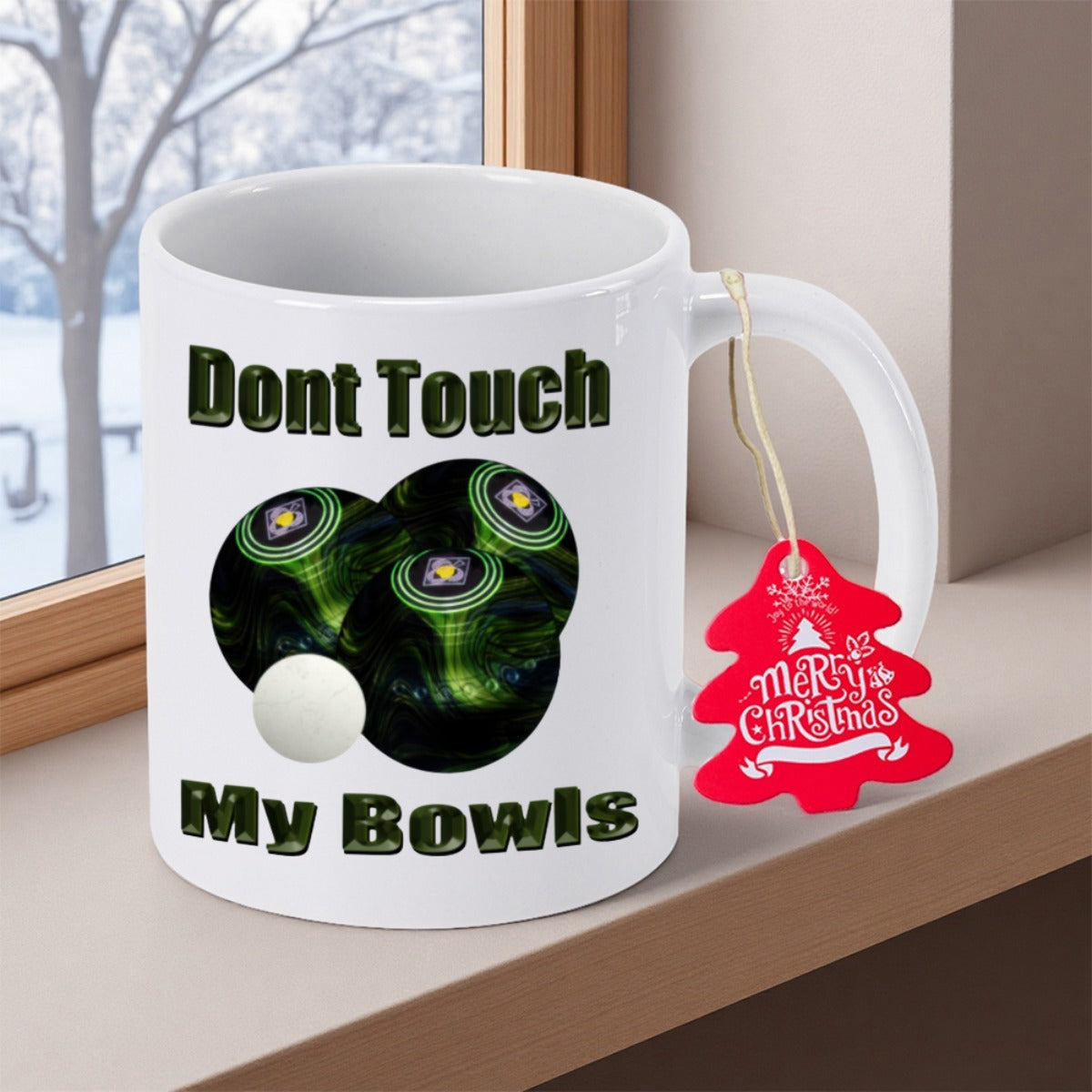 Tailorly White Ceramic 11 oz Mug - Dont Touch My Bowls Dark Spherical Orbs With Neon Green Accents Resting On Clean Surface Bowls
