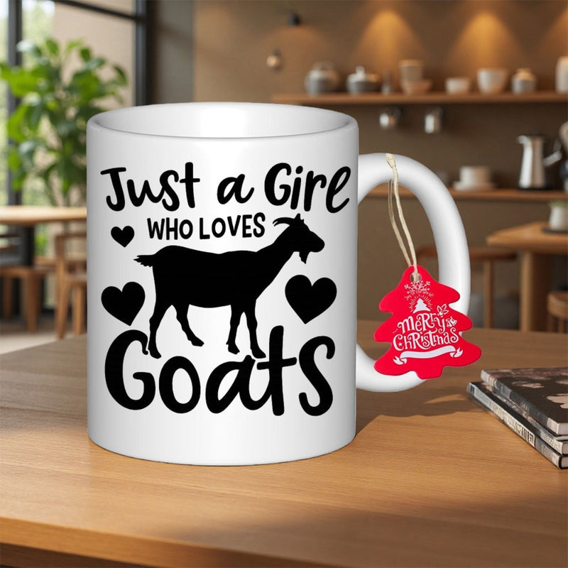 Tailorly White Ceramic 11 oz Mug - Just A Girl Who Loves Goats Minimalist Black Silhouette Of A Standing Farm Animal Surrounded By Hearts Goat