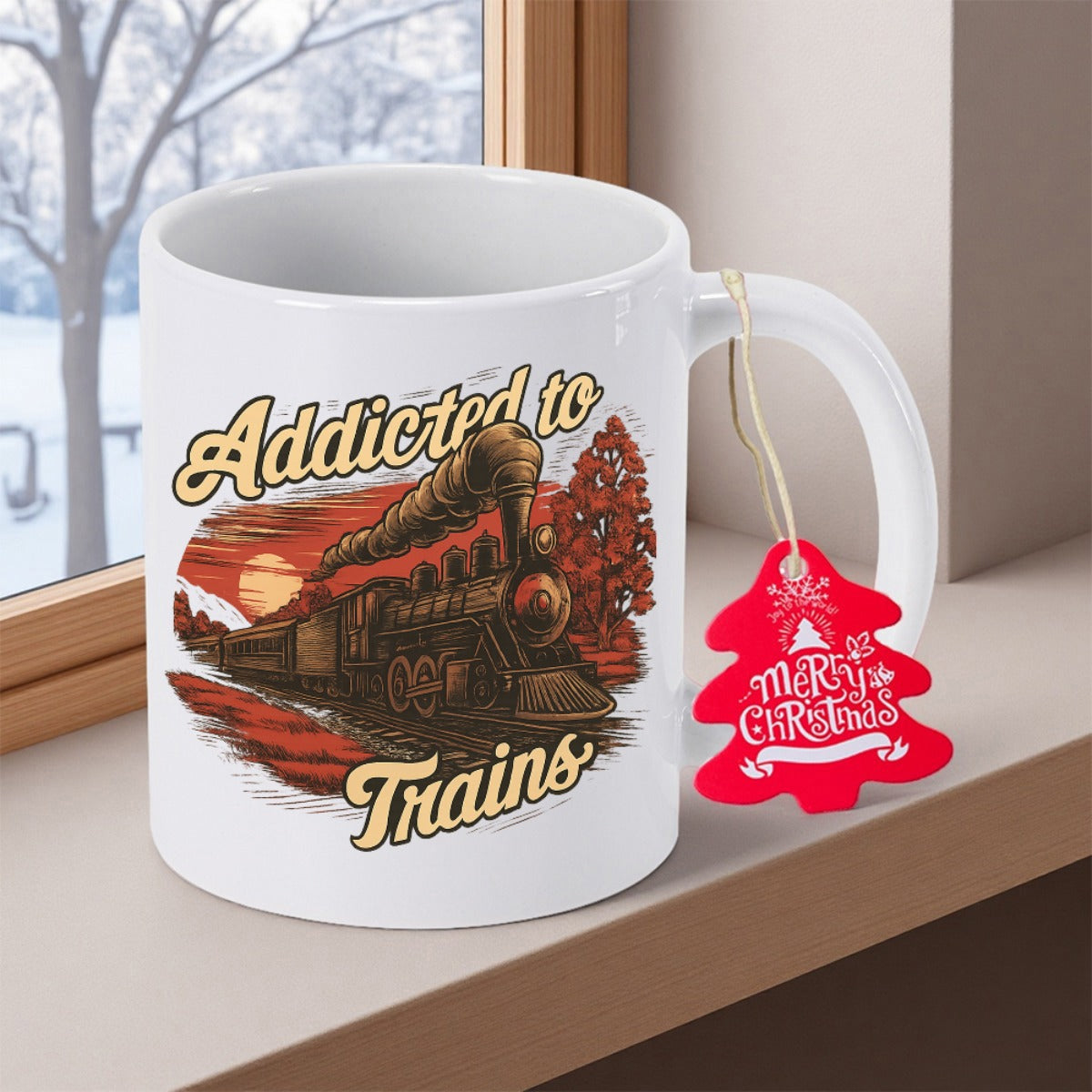 Tailorly White Ceramic 11 oz Mug - Addicted To Trains Vintage Steam Locomotive Charging Through Sunset Landscape Beside A Vibrant Red Tree Train