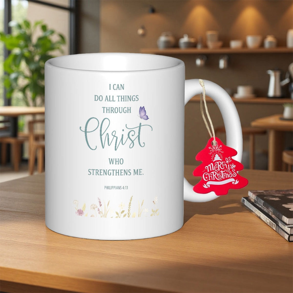 Tailorly White Ceramic 11 oz Mug - I Can Do All Things Through Christ Who Strengthens Me Merry Christmas Delicate Purple Butterfly Flying Above Elegant Wildflowers