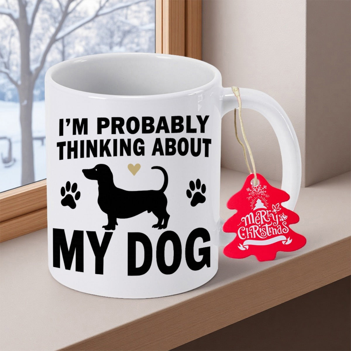 Tailorly White Ceramic 11 oz Mug - I'm Probably Thinking About My Dog Sleek Black Silhouette With Cute Paw Prints And Golden Heart Dachshund