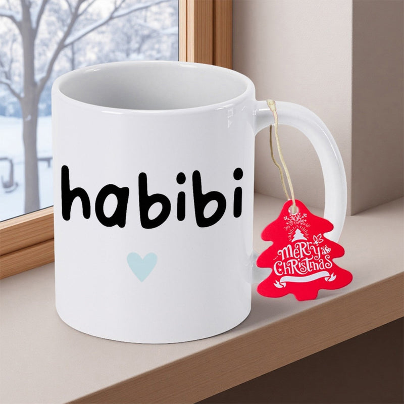 Tailorly White Ceramic 11 oz Mug - Habibi Minimalist Black Lettering With Small Blue Heart On Ceramic Mug