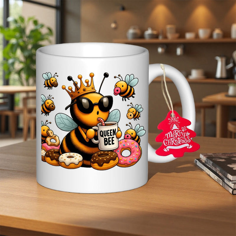 Tailorly White Ceramic 11 oz Mug - Queen Bee Cool Cartoon Queen Wearing Crown And Sunglasses Surrounded By Tasty Donuts Bee