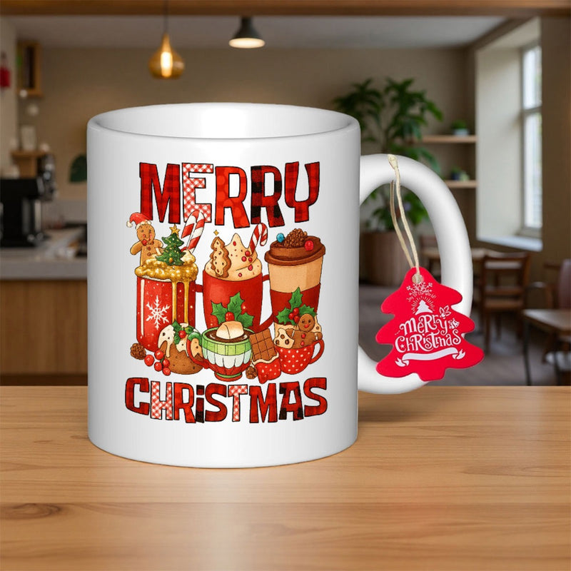 Tailorly White Ceramic 11 oz Mug - Merry Christmas Festive Hot Cocoa Mugs With Gingerbread Man And Candy Canes Holiday Mug