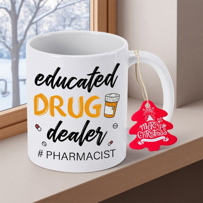 Tailorly White Ceramic 11 oz Mug - Educated Drug Dealer Pharmacist Minimalist Medical Graphics Featuring Prescription Bottles And Tiny Pills Mug