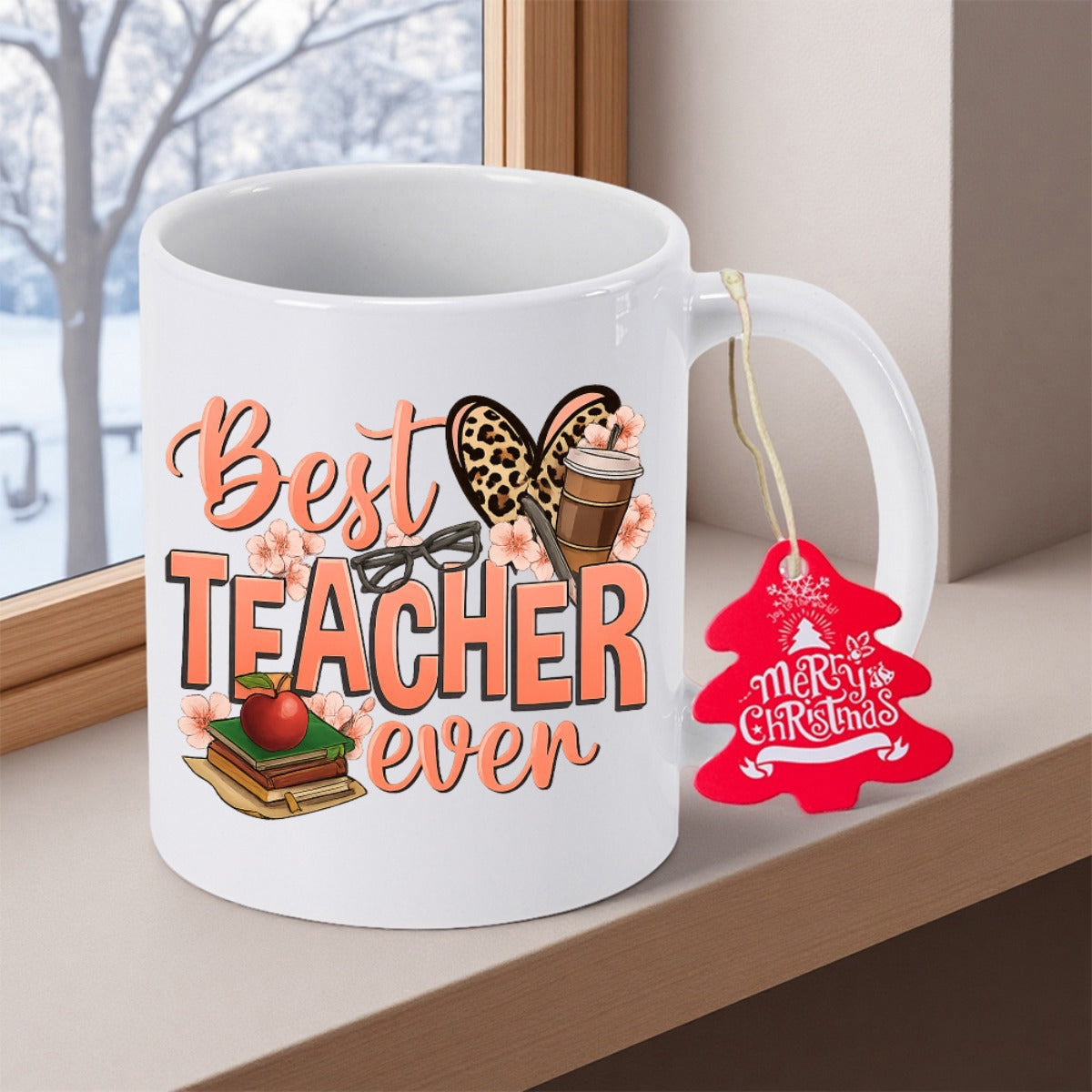 Tailorly White Ceramic 11 oz Mug - Best Teacher Ever Stylized Leopard Heart With Coffee Cup And Red Apple On Books Mug